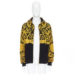 new VERSACE gold Medusa baroque floral print black cotton casual zip hoodie XL