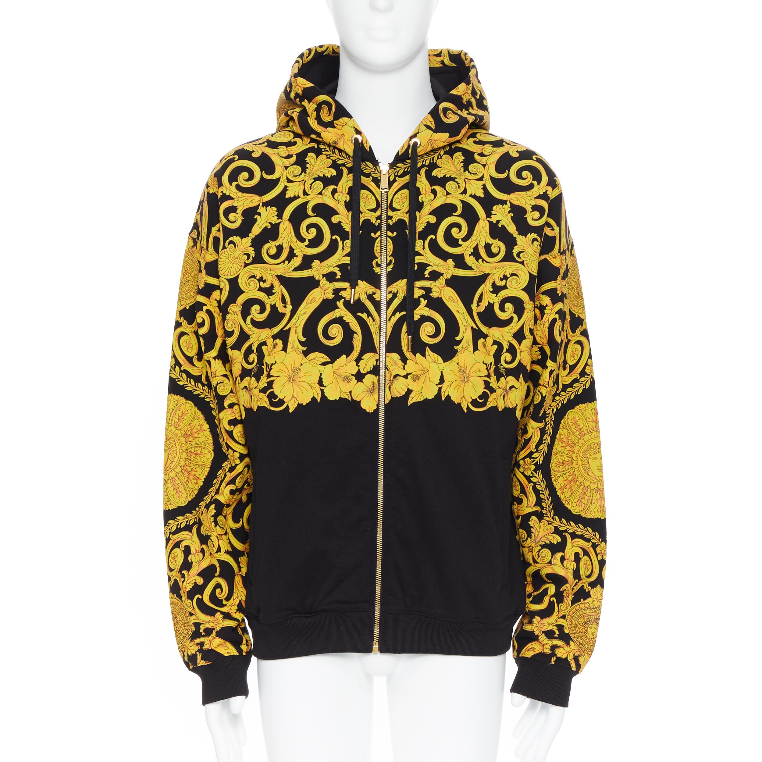 Black new VERSACE gold Medusa baroque floral print black cotton casual zip hoodie XL