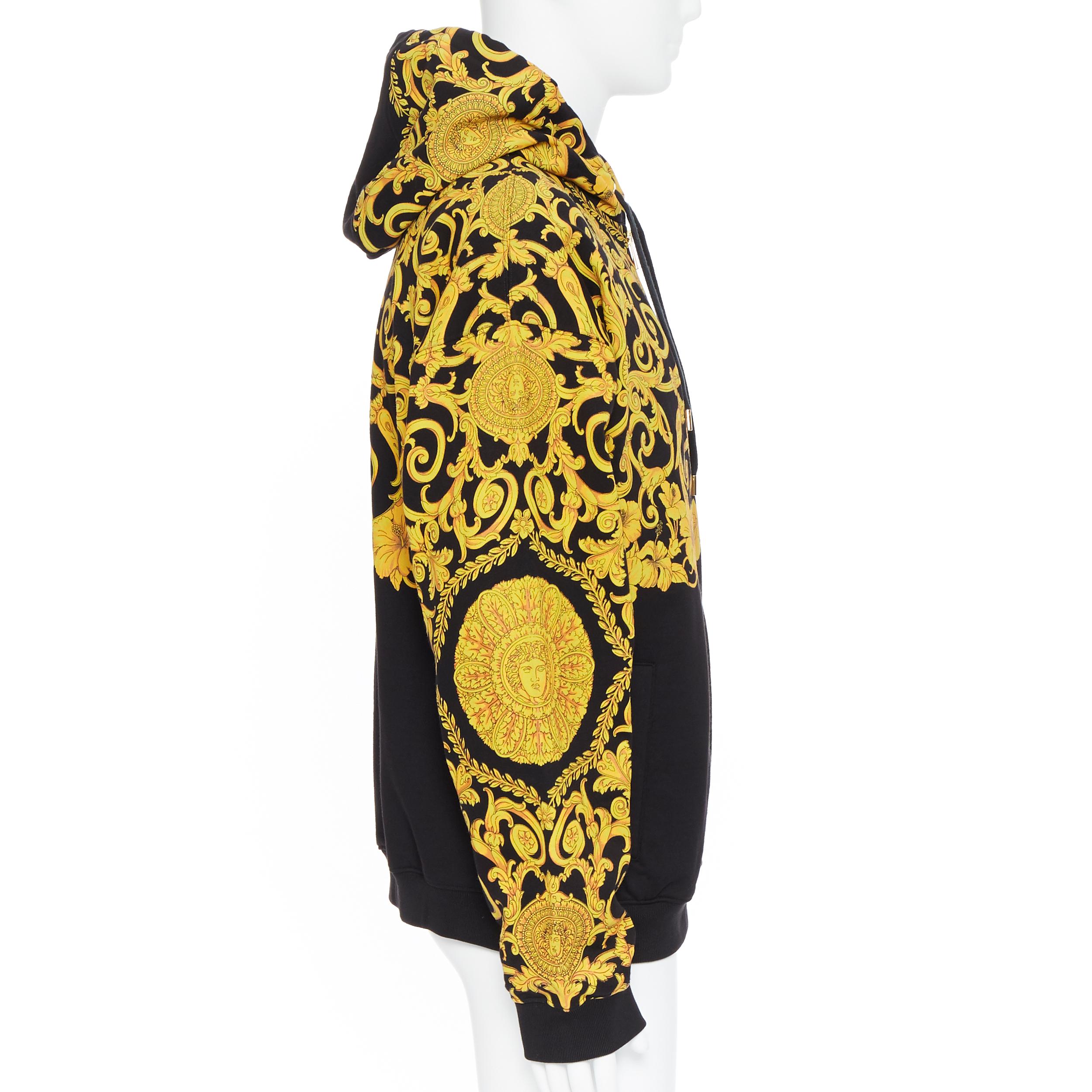 new VERSACE gold Medusa baroque floral print black cotton casual zip hoodie XL In New Condition In Hong Kong, NT