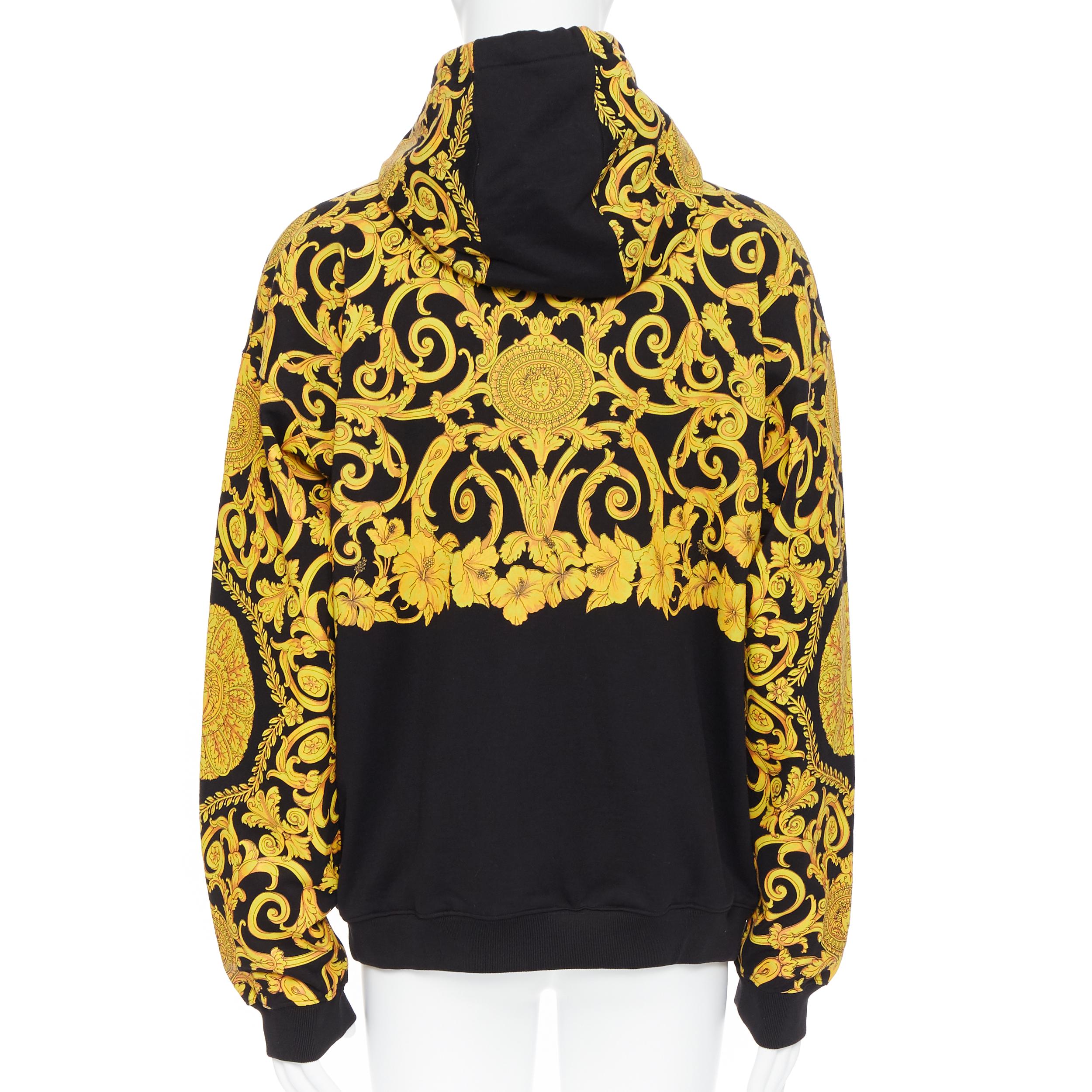 Men's new VERSACE gold Medusa baroque floral print black cotton casual zip hoodie XL