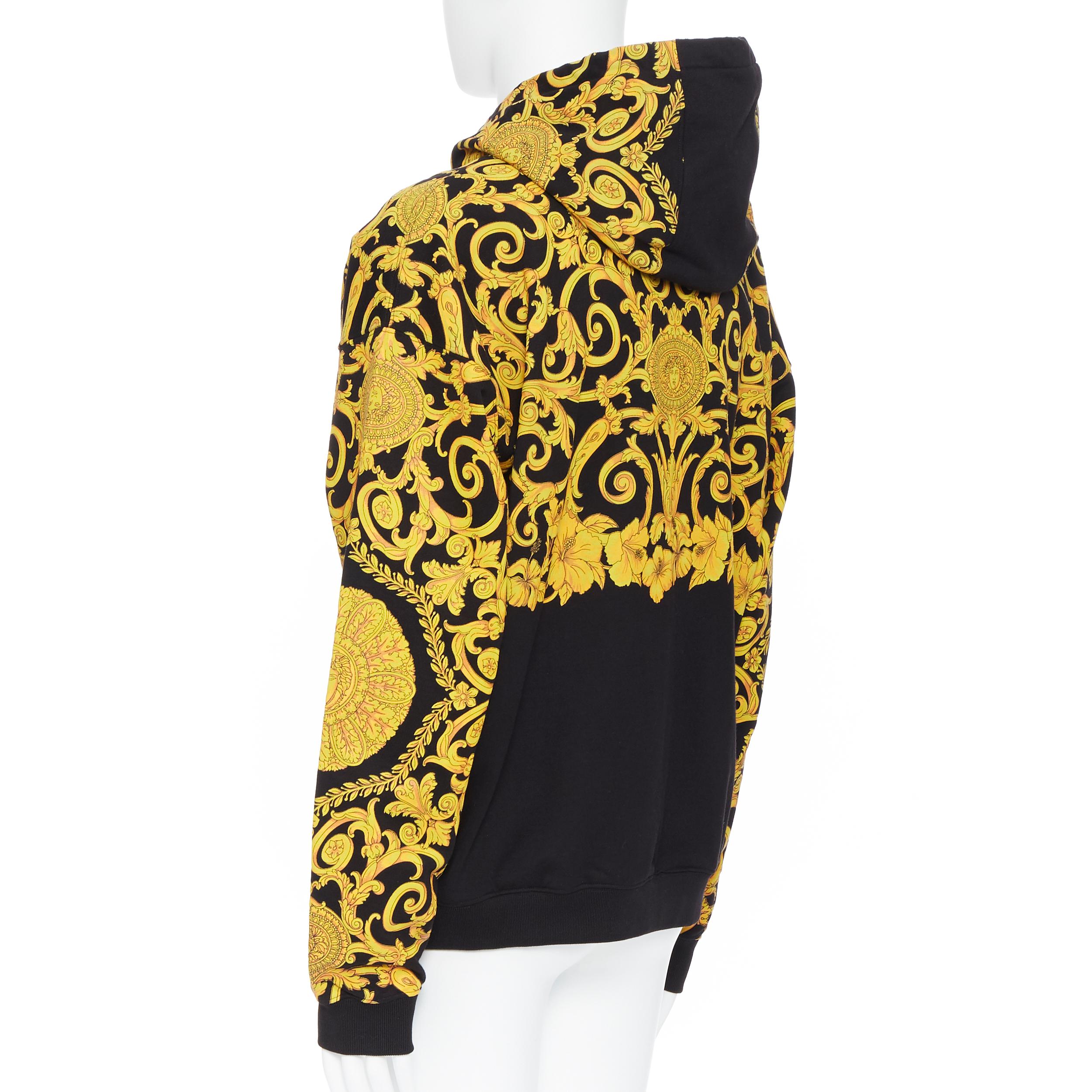 new VERSACE gold Medusa baroque floral print black cotton casual zip hoodie XL 1