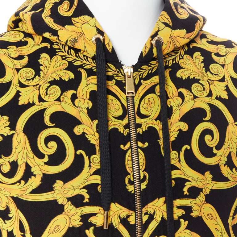 new VERSACE gold Medusa baroque floral print black cotton casual zip ...