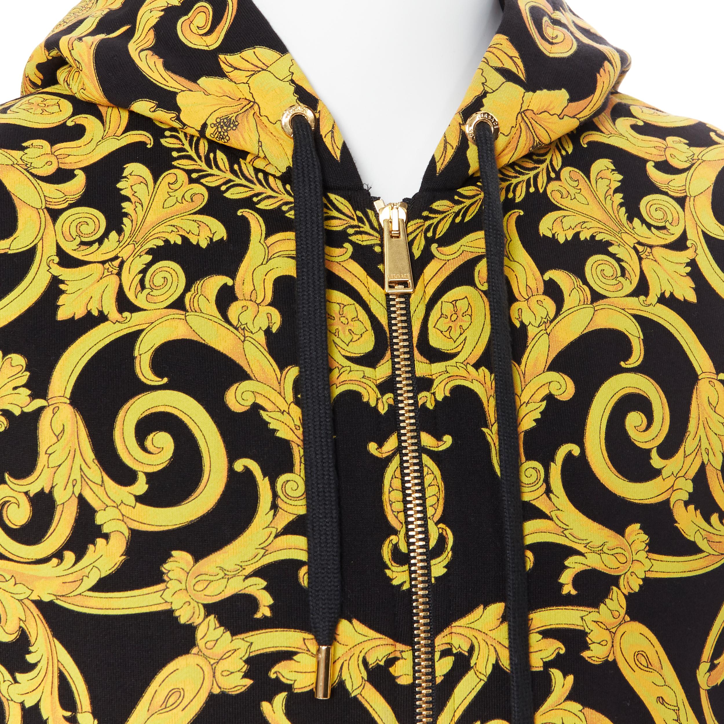 new VERSACE gold Medusa baroque floral print black cotton casual zip hoodie XL 2