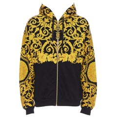 new VERSACE gold Medusa baroque floral print black cotton casual zip hoodie XL