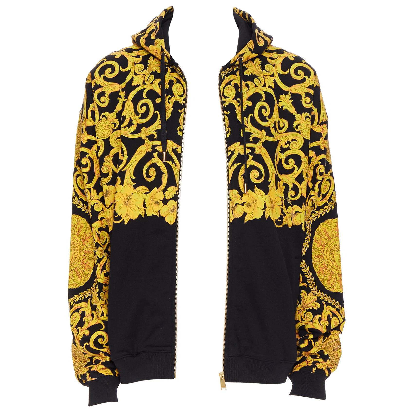 new VERSACE gold Medusa baroque floral print black cotton casual zip hoodie  XL at 1stDibs