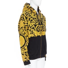 new VERSACE gold Medusa baroque floral print black cotton casual zip hoodie XL