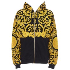 Neuer VERSACE Gold Medusa Barocker lässiger Kapuzenpullover aus schwarzer Baumwolle mit Blumendruck und Reißverschluss L