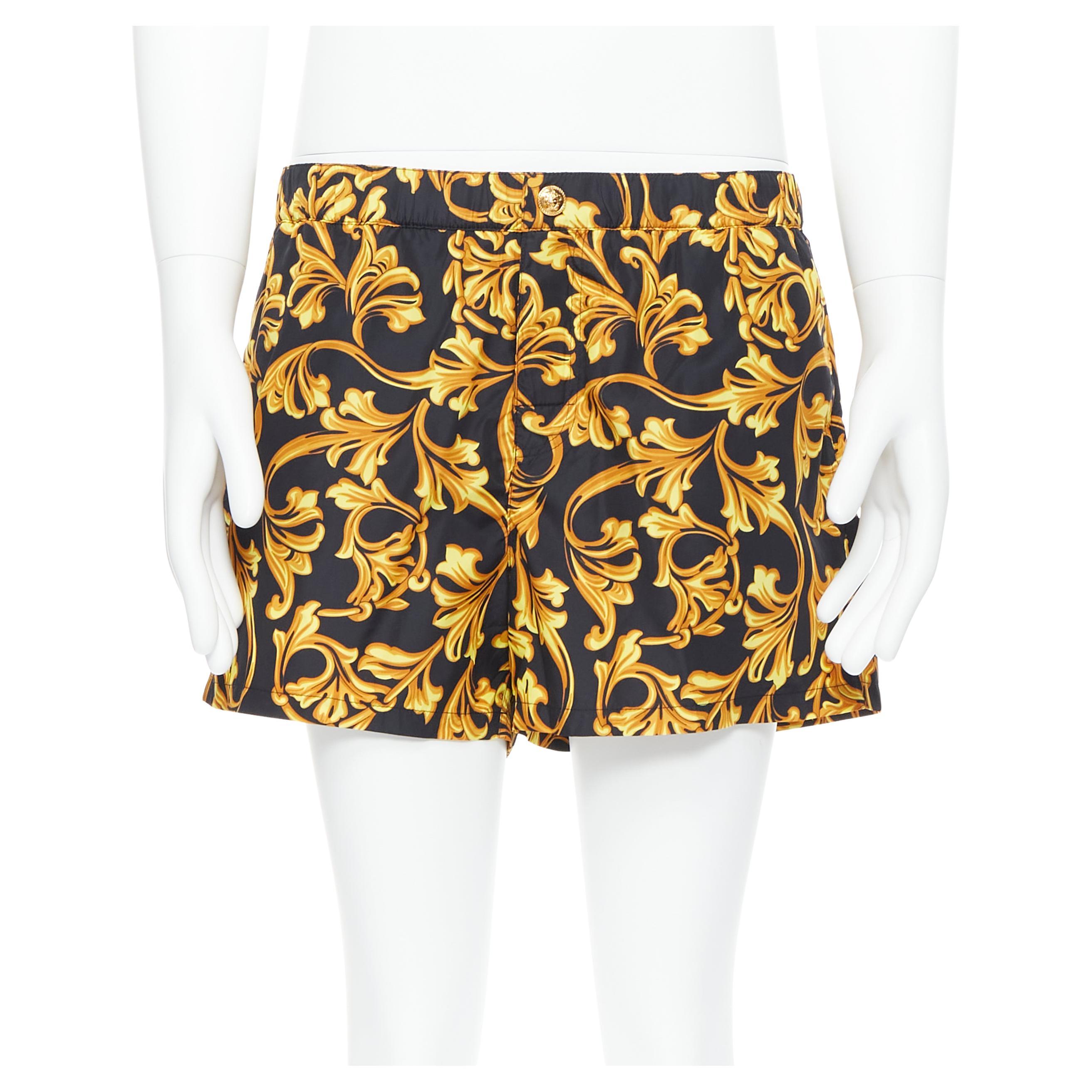 new VERSACE gold Medusa button black floral barocco summer swim shorts IT6 L For Sale