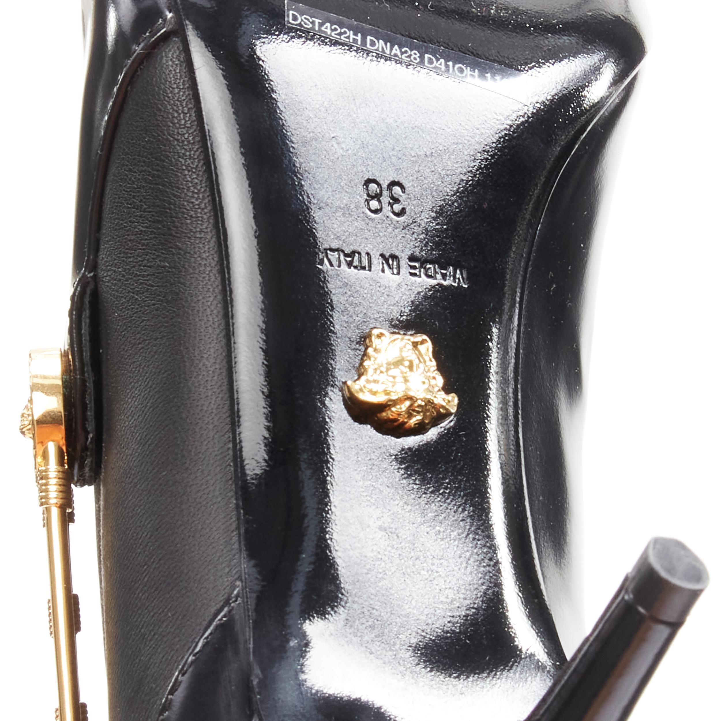 new VERSACE gold Medusa Punk Safety Pin black leather kitten heel bootie EU38 For Sale 6