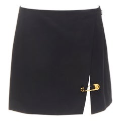 new VERSACE gold Medusa safety pin black viscose high slit skirt IT42 M