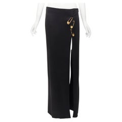 new VERSACE gold Medusa safety pin black viscose high slit skirt IT42 M