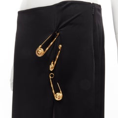 new VERSACE gold Medusa safety pin black viscose high slit skirt IT44 L