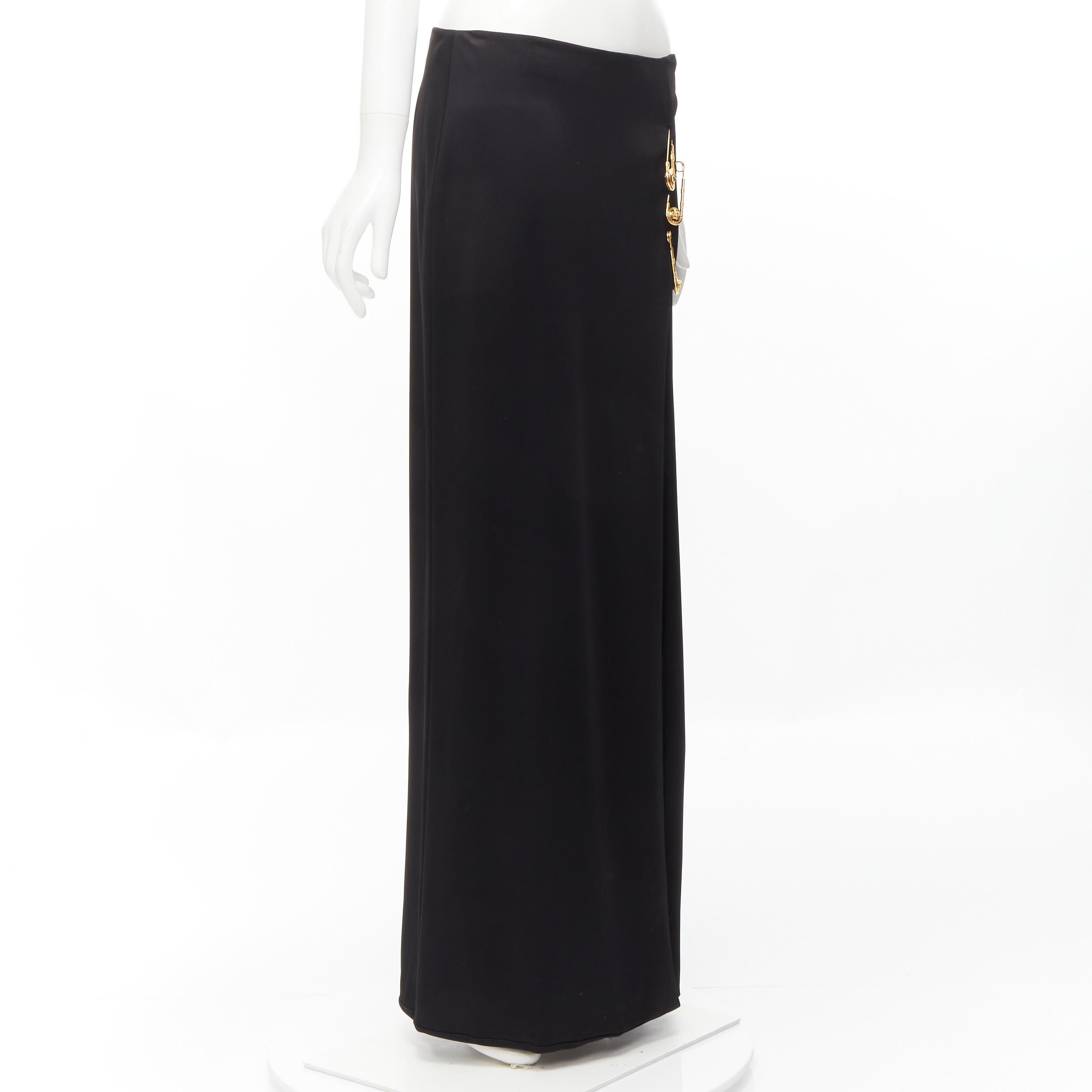 new VERSACE gold Medusa safety pin black viscose high slit skirt IT44 L In New Condition For Sale In Hong Kong, NT