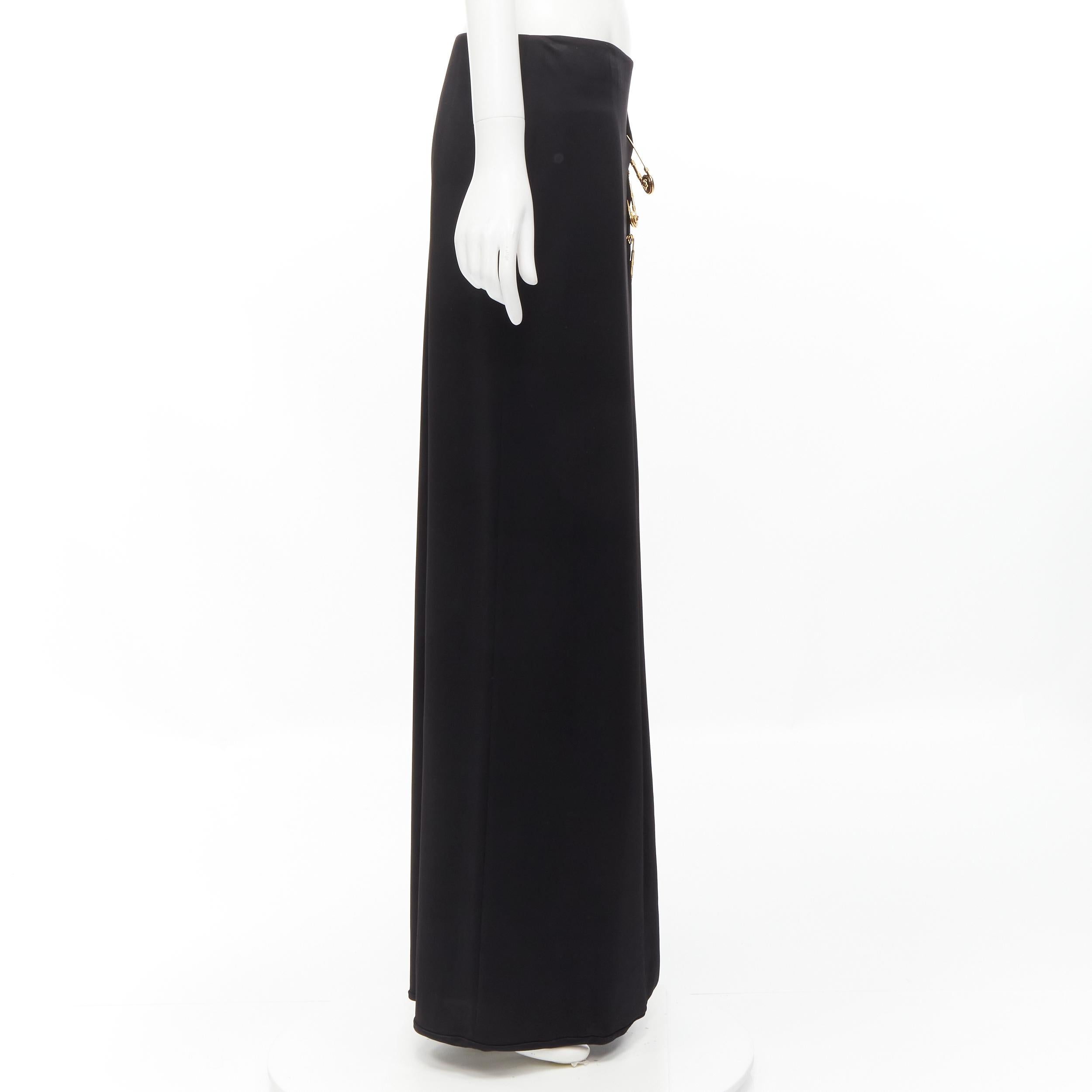 Women's new VERSACE gold Medusa safety pin black viscose high slit skirt IT44 L For Sale