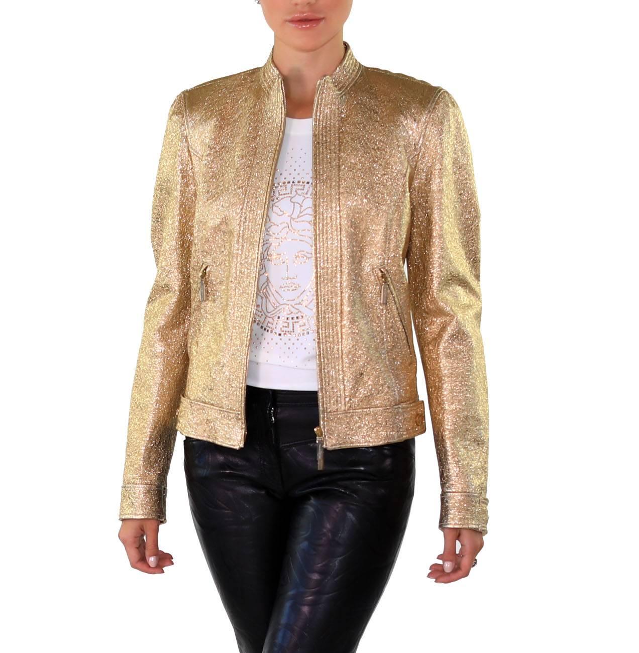 NEW VERSACE GOLD METALLIC TEXTURED LEATHER JACKET Sz 40 - 4 For Sale 2