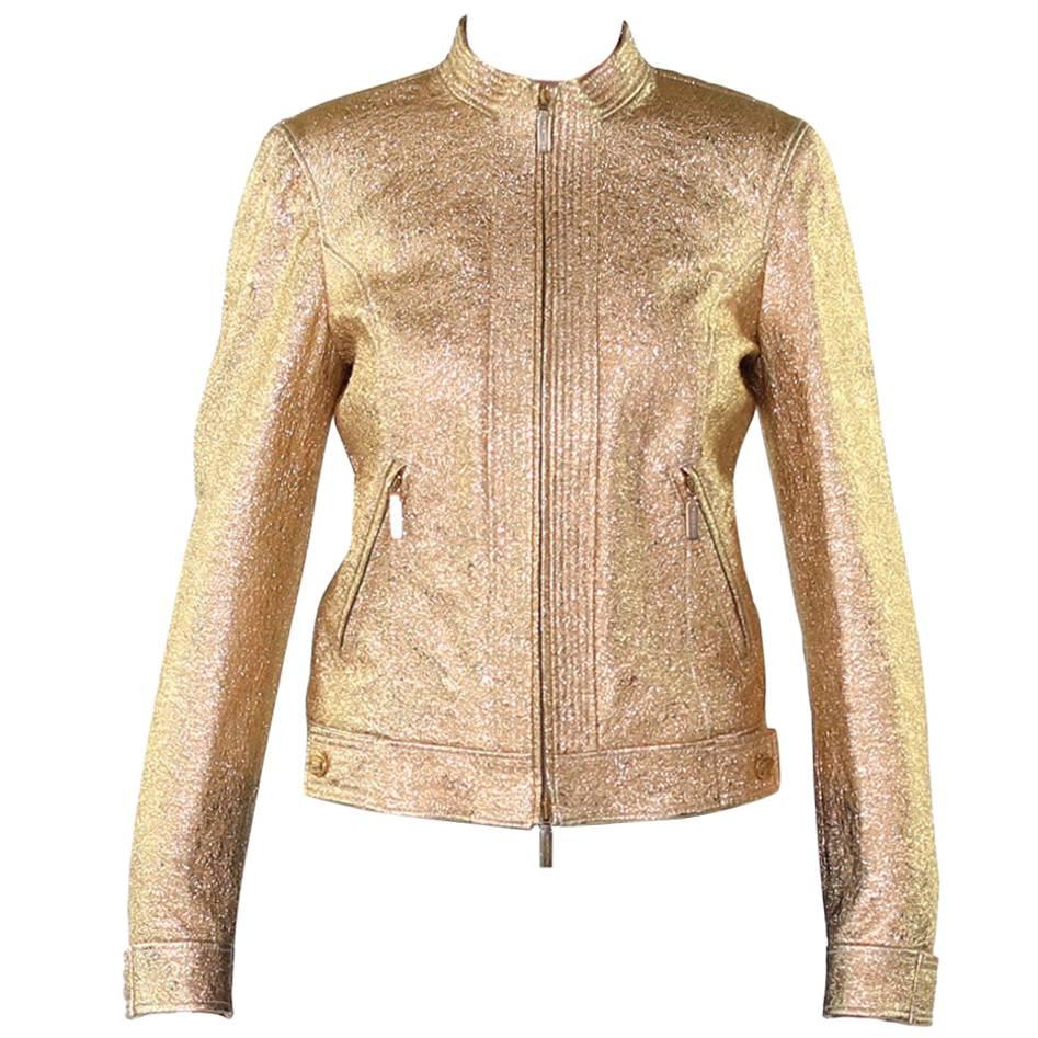 NEW VERSACE GOLD METALLIC TEXTURED LEATHER JACKET Sz 40 - 4 For Sale