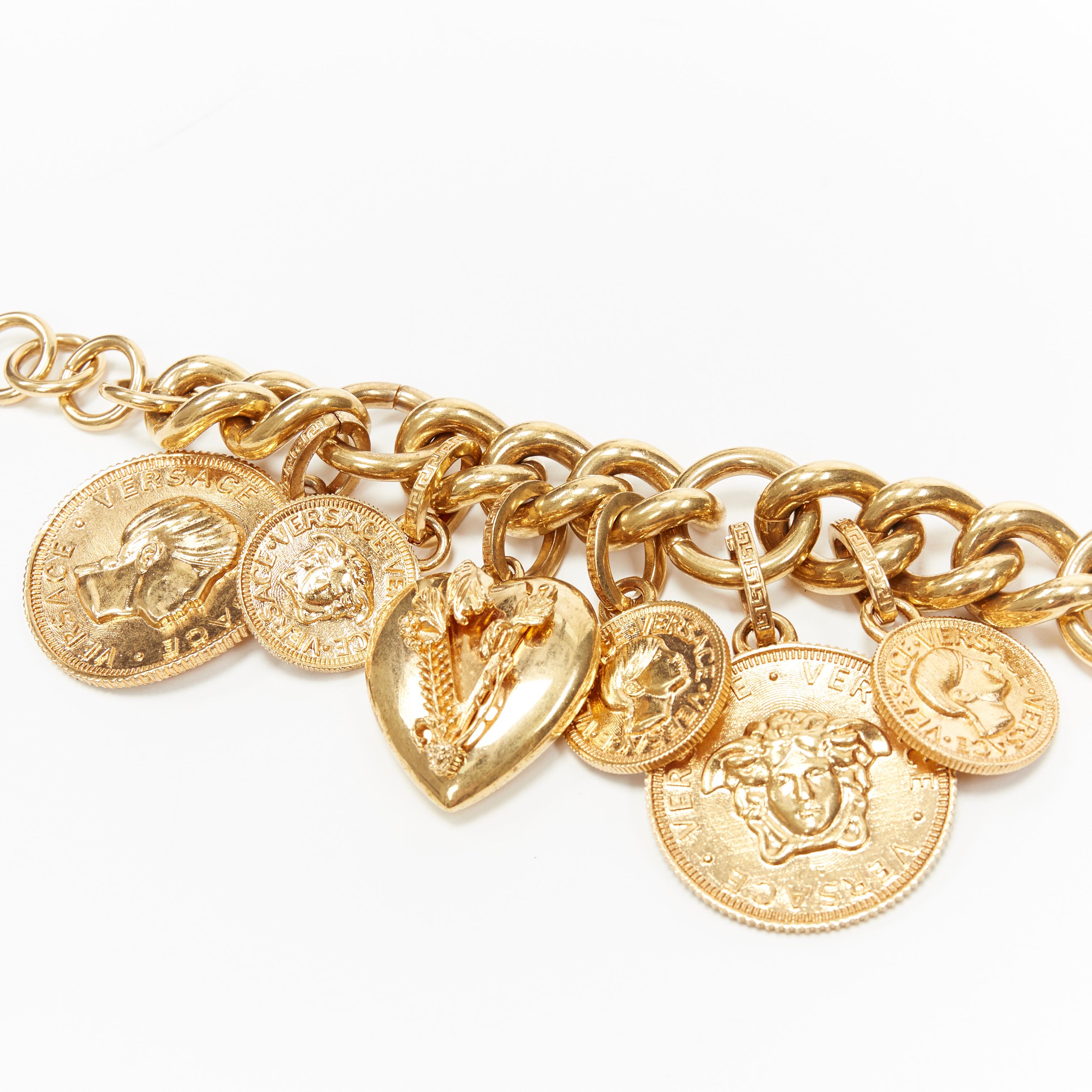 new VERSACE gold plated Medusa medallion coin V-Mine Heart charm chunky bracelet In New Condition In Hong Kong, NT