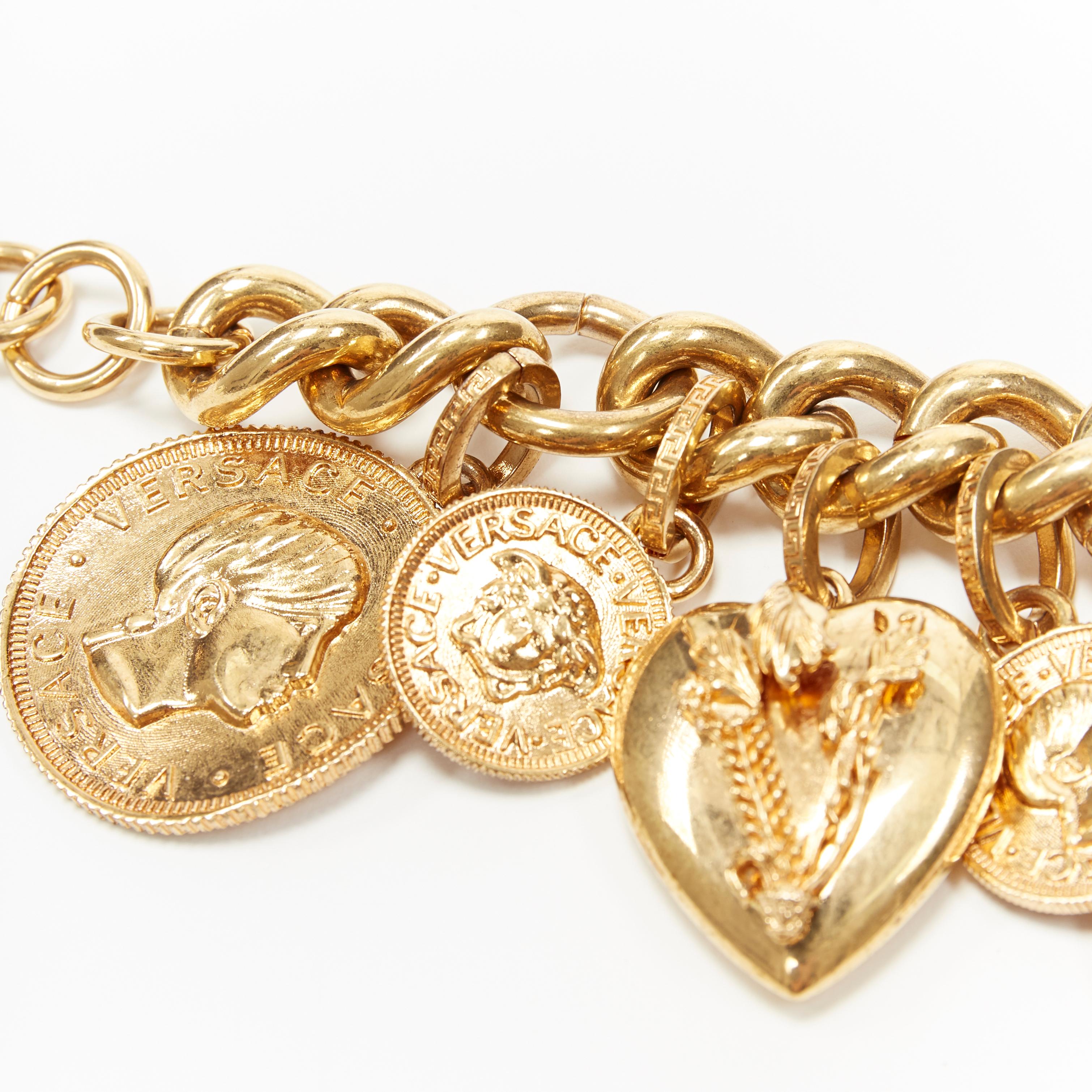 Women's new VERSACE gold plated Medusa medallion coin V-Mine Heart charm chunky bracelet