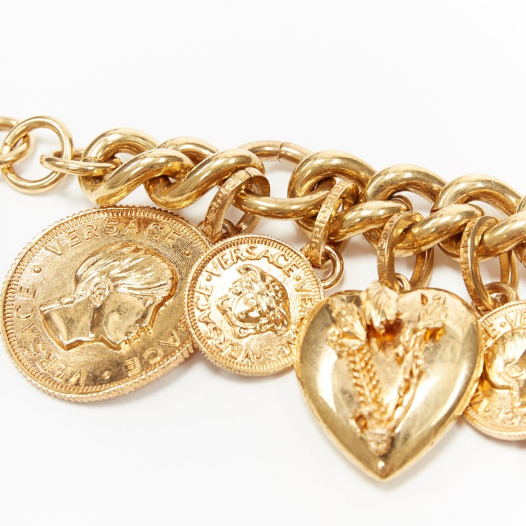 new VERSACE gold plated Medusa medallion coin V-Mine Heart charm chunky  bracelet