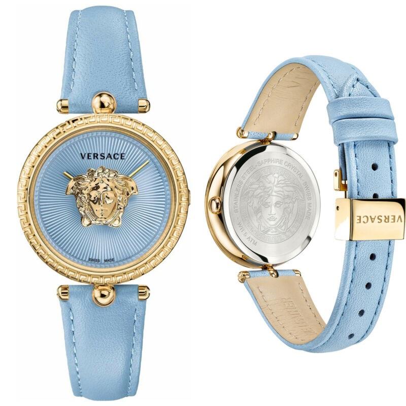 new VERSACE gold plated Palazzo Empire greca bezel Medusa blue 39mm ladies watch
Brand: Versace
Designer: Donatella Versace
Collection: Spring Summer 2018
Model Name / Style: Palazzo Empire watch
Material: Metal, leather
Color: Blue
Pattern: