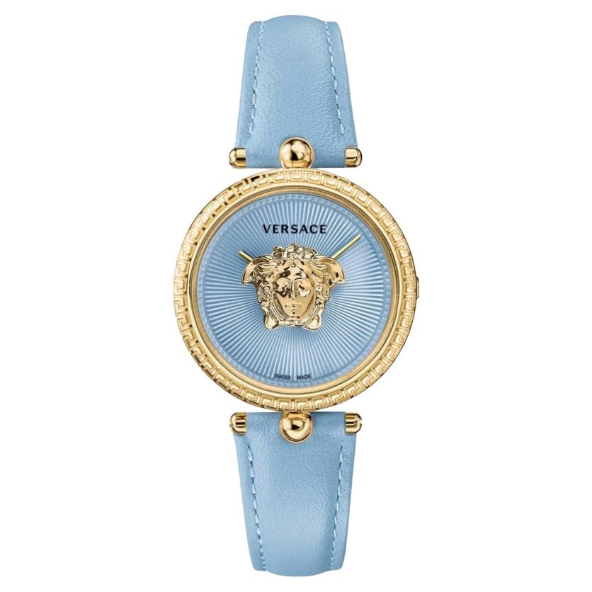 new VERSACE gold plated Palazzo Empire greca bezel Medusa blue 39mm ladies watch