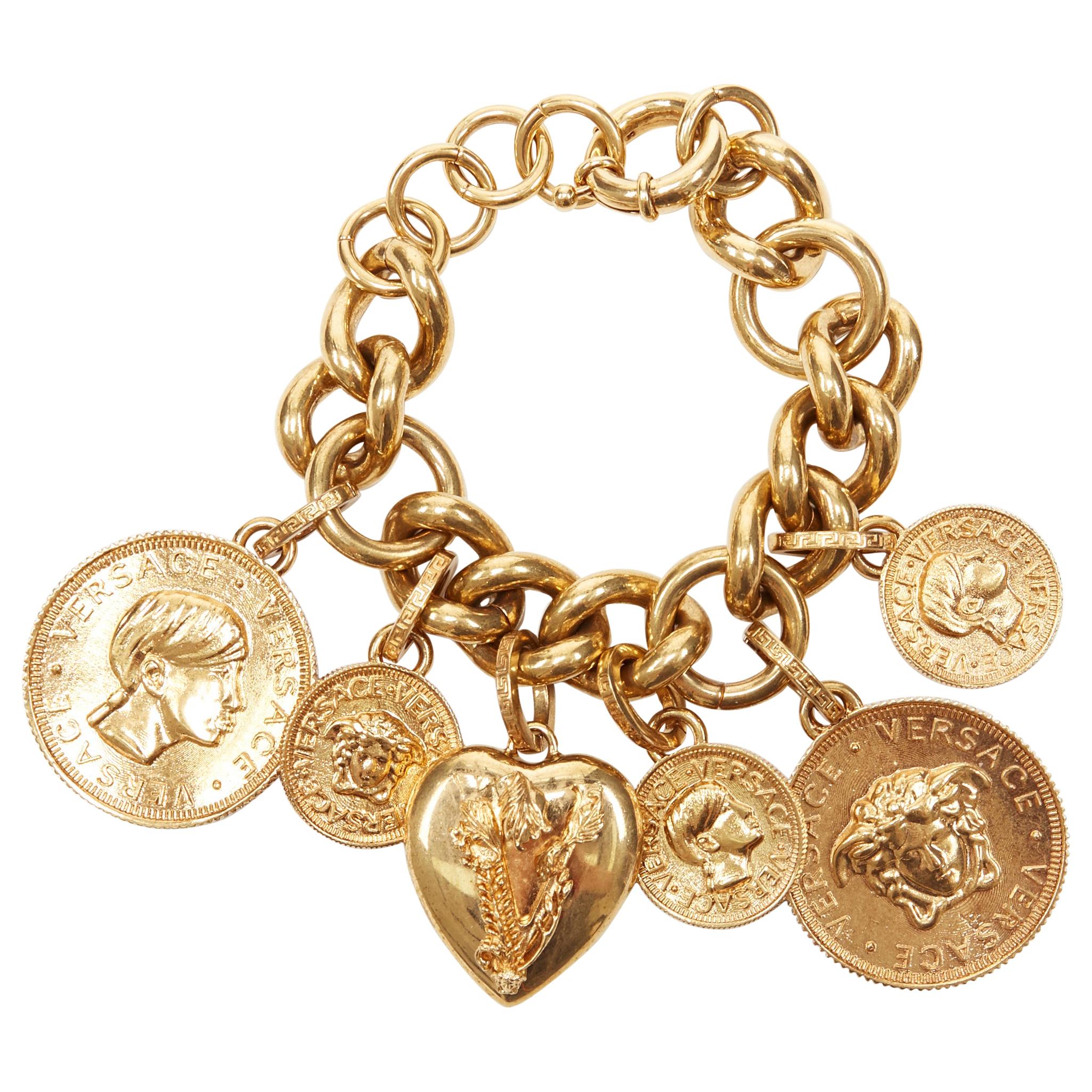 new VERSACE gold plated V-Mine Heart Medusa medallion coin charm chunky bracelet