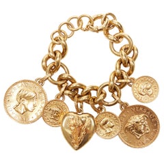 new VERSACE gold plated V-Mine Heart Medusa medallion coin charm chunky bracelet