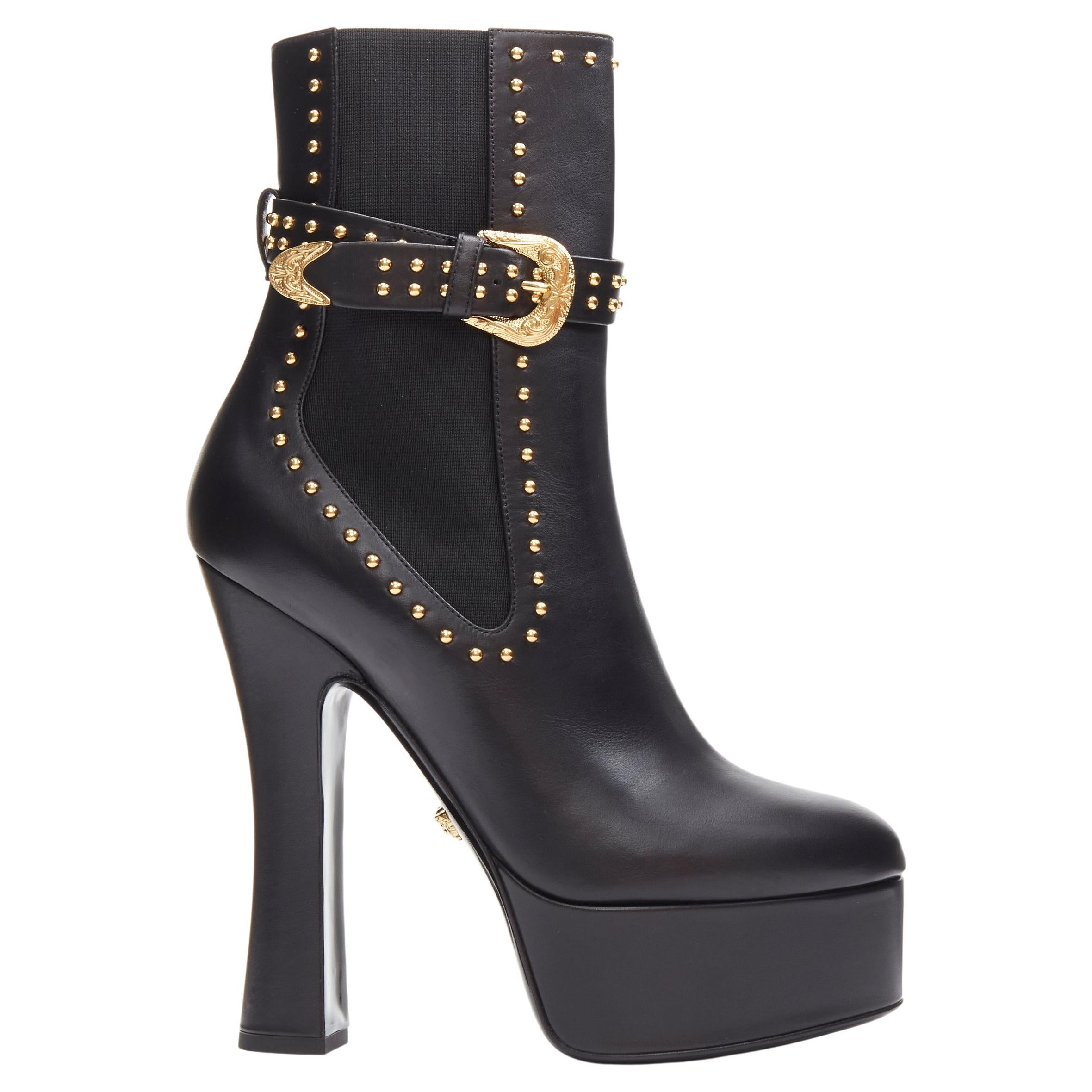new VERSACE gold studded western buckle black leather platform boots EU40.5 For Sale