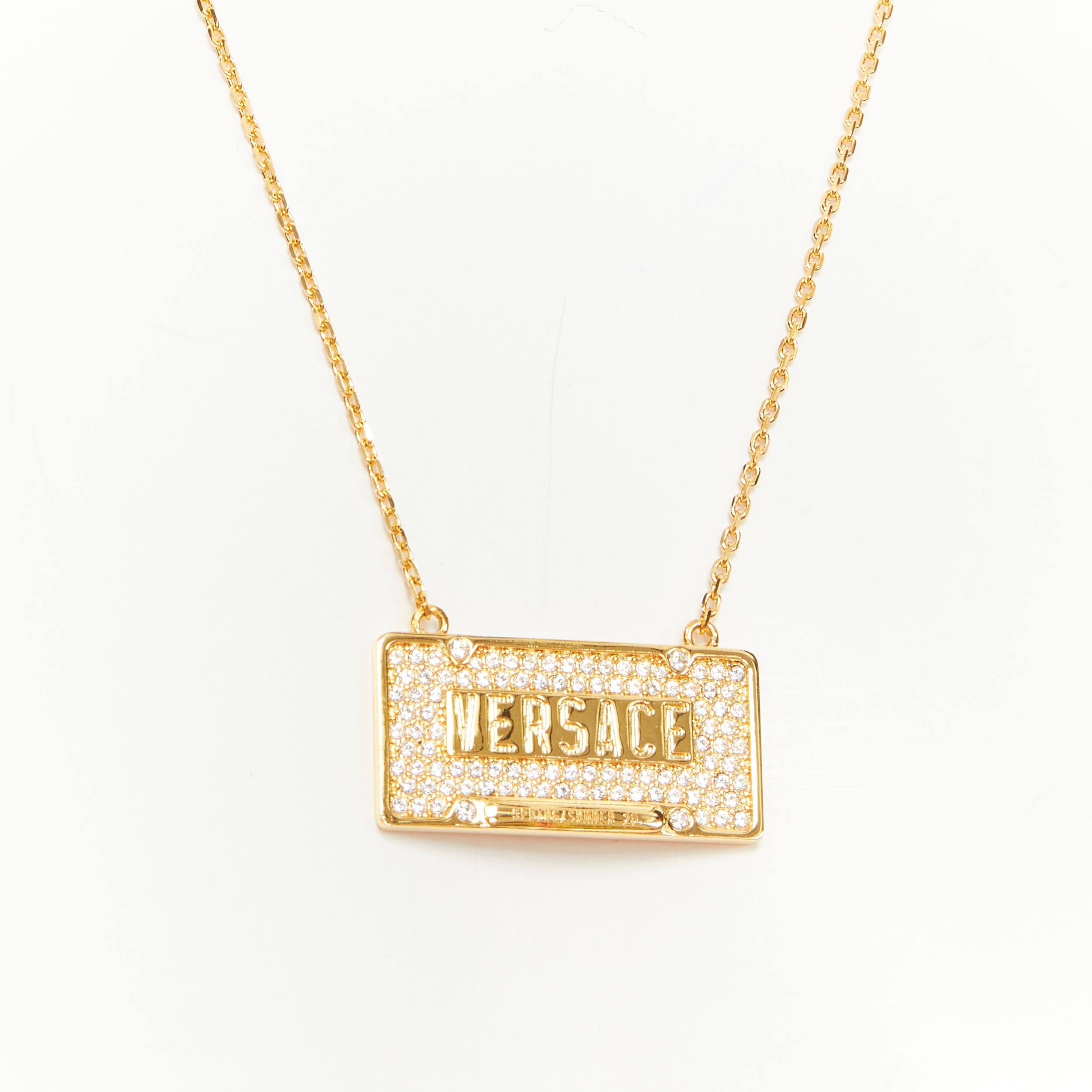 Brown new VERSACE gold tone metal crystal embellished ID dog tag Medusa necklace
