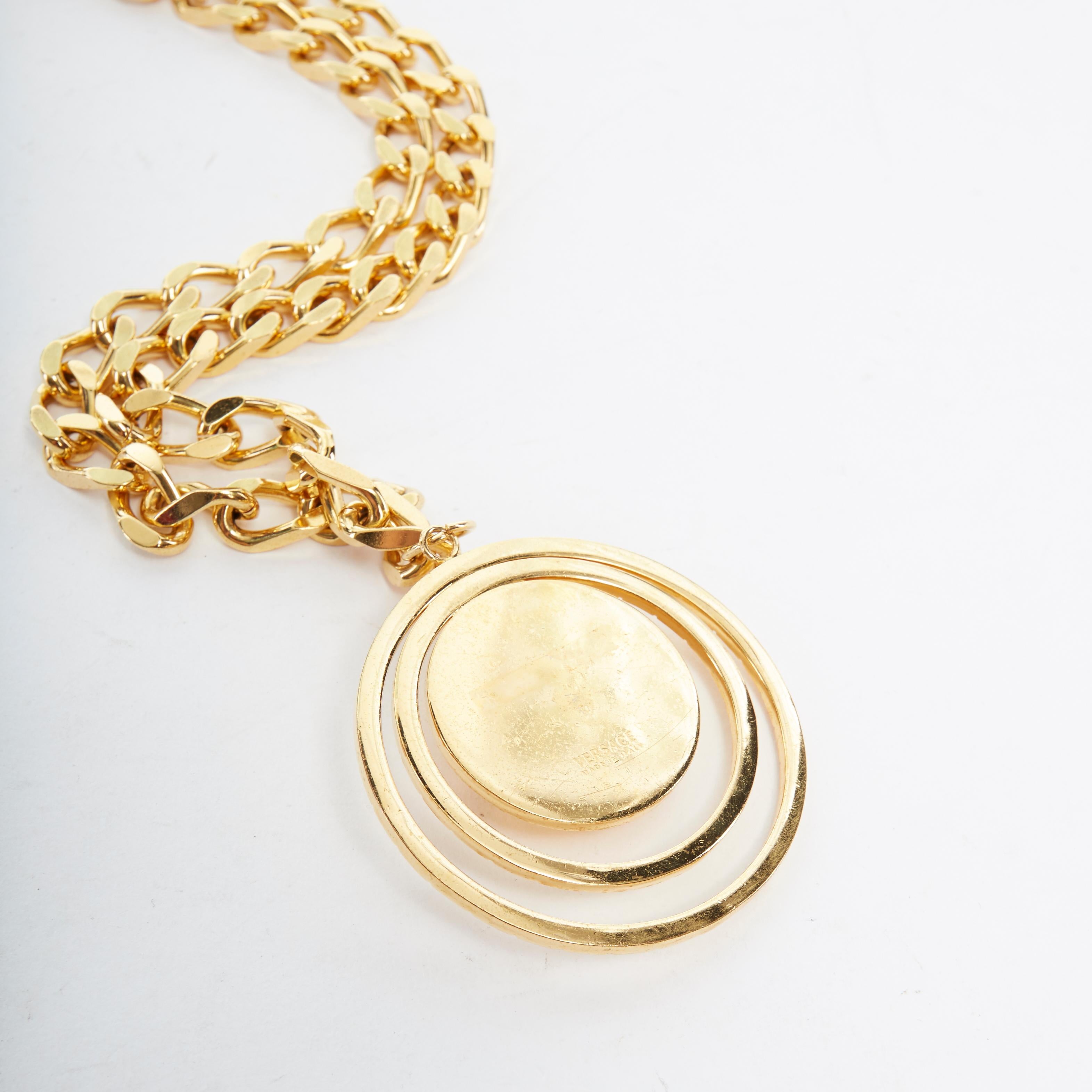 new VERSACE gold tone nickel Medusa halo medallion coin chunky long necklace In Good Condition For Sale In Hong Kong, NT