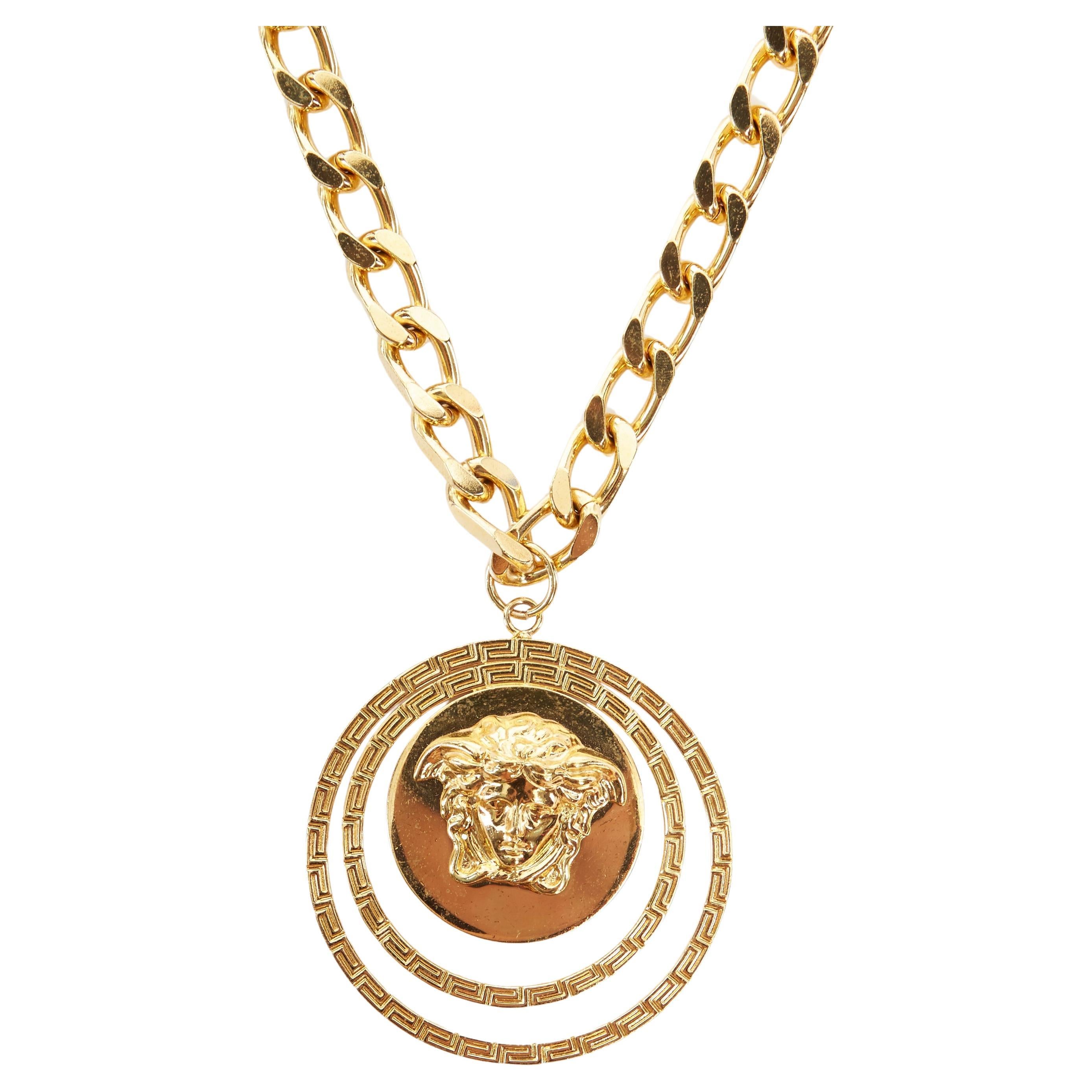 new VERSACE gold tone nickel Medusa halo medallion coin chunky long necklace For Sale