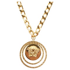 new VERSACE gold tone nickel Medusa halo medallion coin chunky long necklace