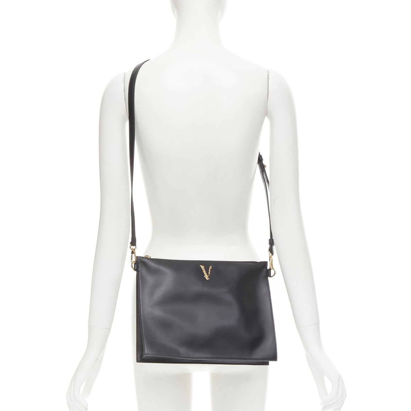 Black new VERSACE gold Virtus Barocco V black leather zip clutch crossbody bag For Sale