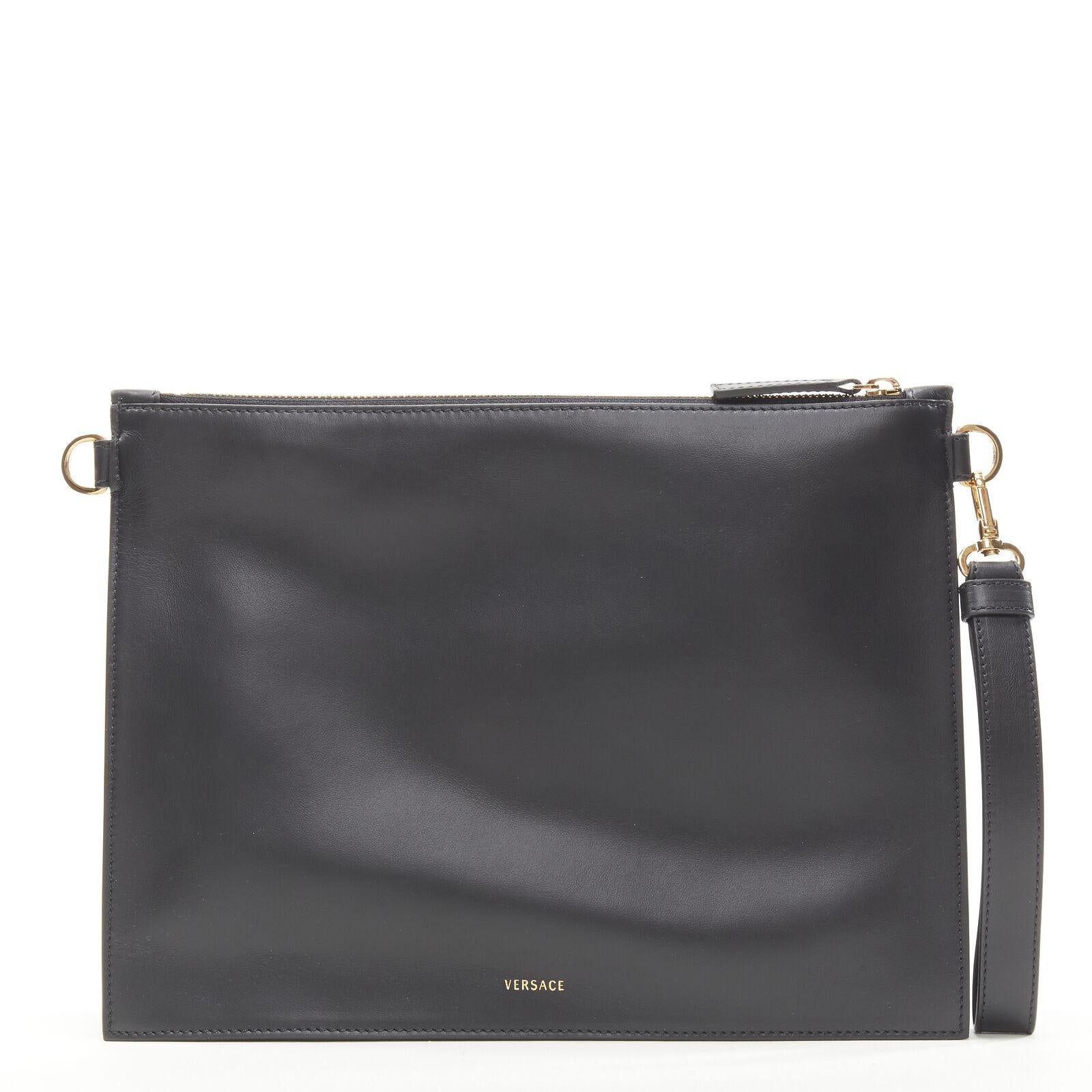 Women's new VERSACE gold Virtus Barocco V black leather zip clutch crossbody bag For Sale