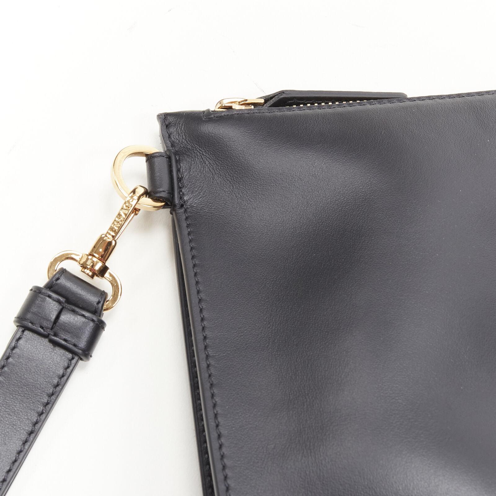 new VERSACE gold Virtus Barocco V black leather zip clutch crossbody bag For Sale 2