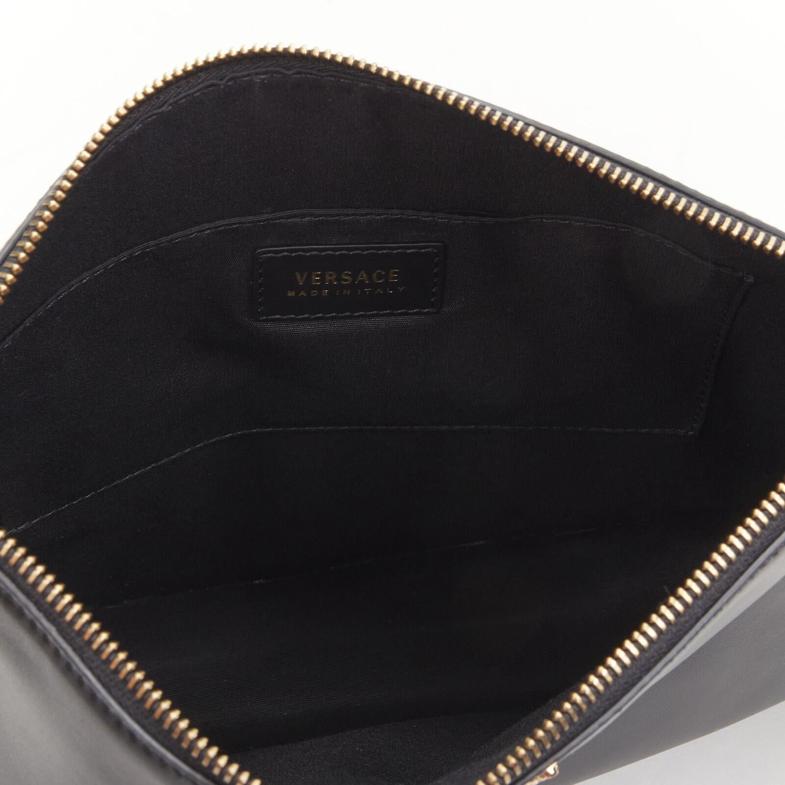 new VERSACE gold Virtus Barocco V black leather zip clutch crossbody bag For Sale 3