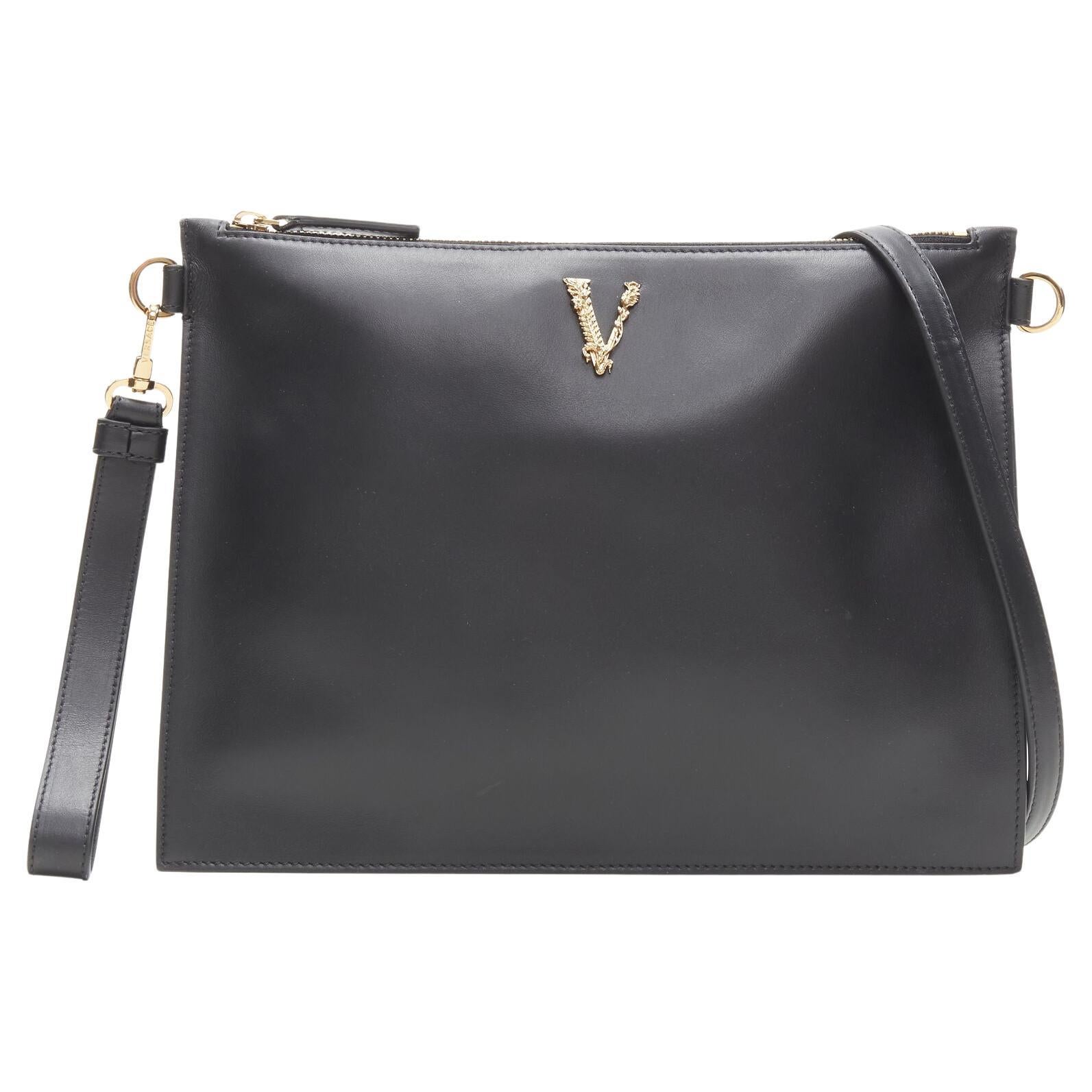 new VERSACE gold Virtus Barocco V black leather zip clutch crossbody bag For Sale