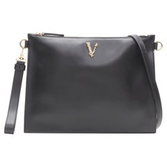 new VERSACE gold Virtus Barocco V black leather zip clutch crossbody bag