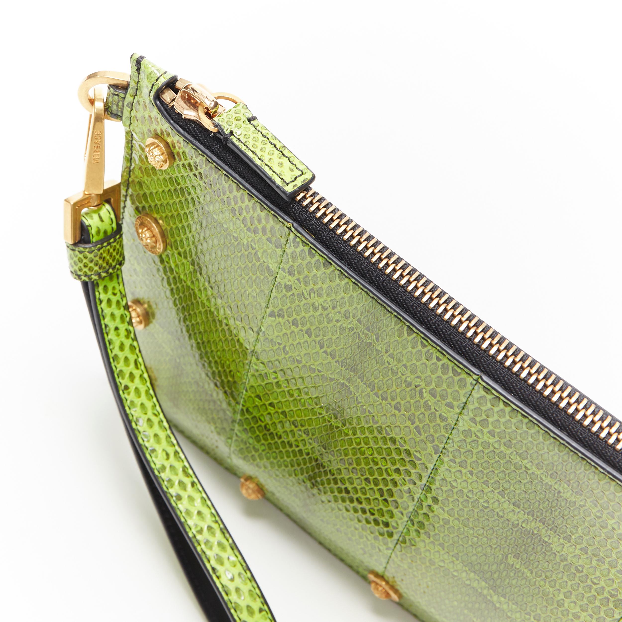 Donna nuova pochette VERSACE verde ayers in pelle di serpente oro con borchie Medusa