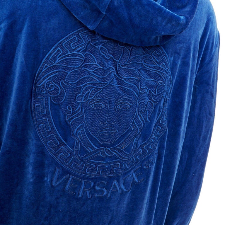 new VERSACE Gym blue velour Medusa logo embroidered back hoodie jacket IT6  L at 1stDibs