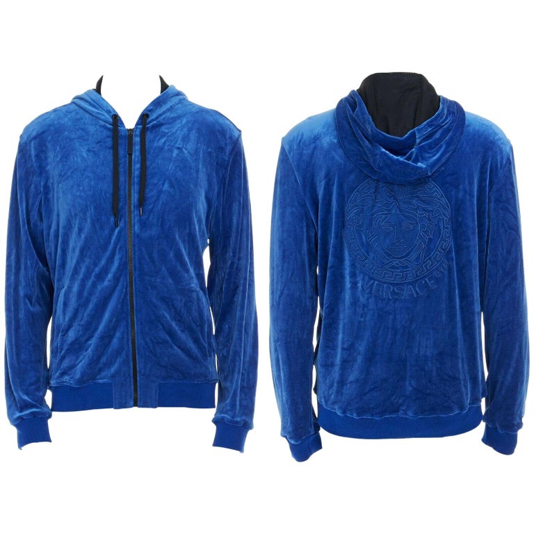 new VERSACE Gym blue velour Medusa logo embroidered back hoodie jacket IT6 L For Sale