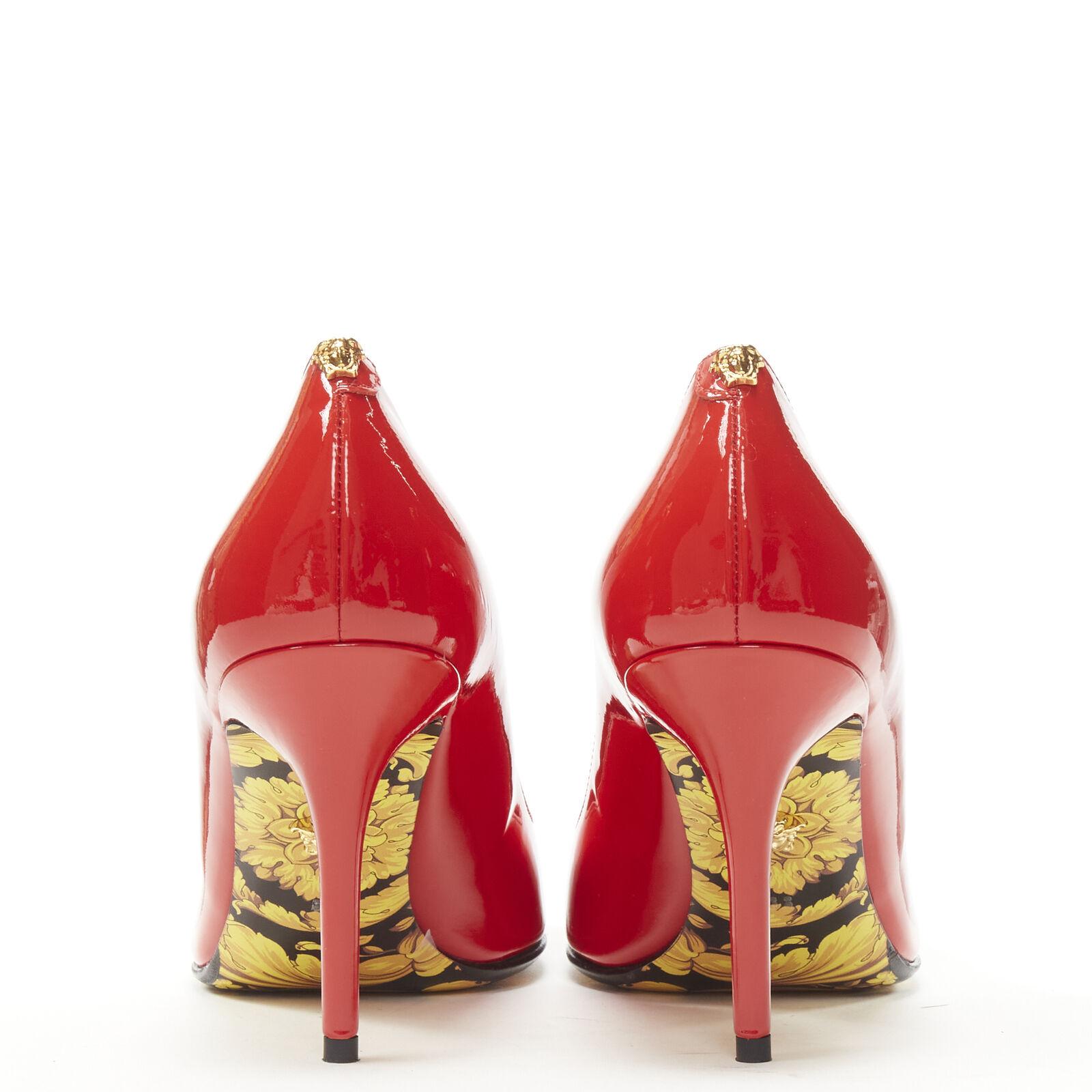 Women's new VERSACE Hibiscus Barocco gold sole red patent Medusa stud pump EU38.5 For Sale
