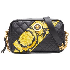new VERSACE Hibiscus Baroque black quilted leather small crossbody camera bag