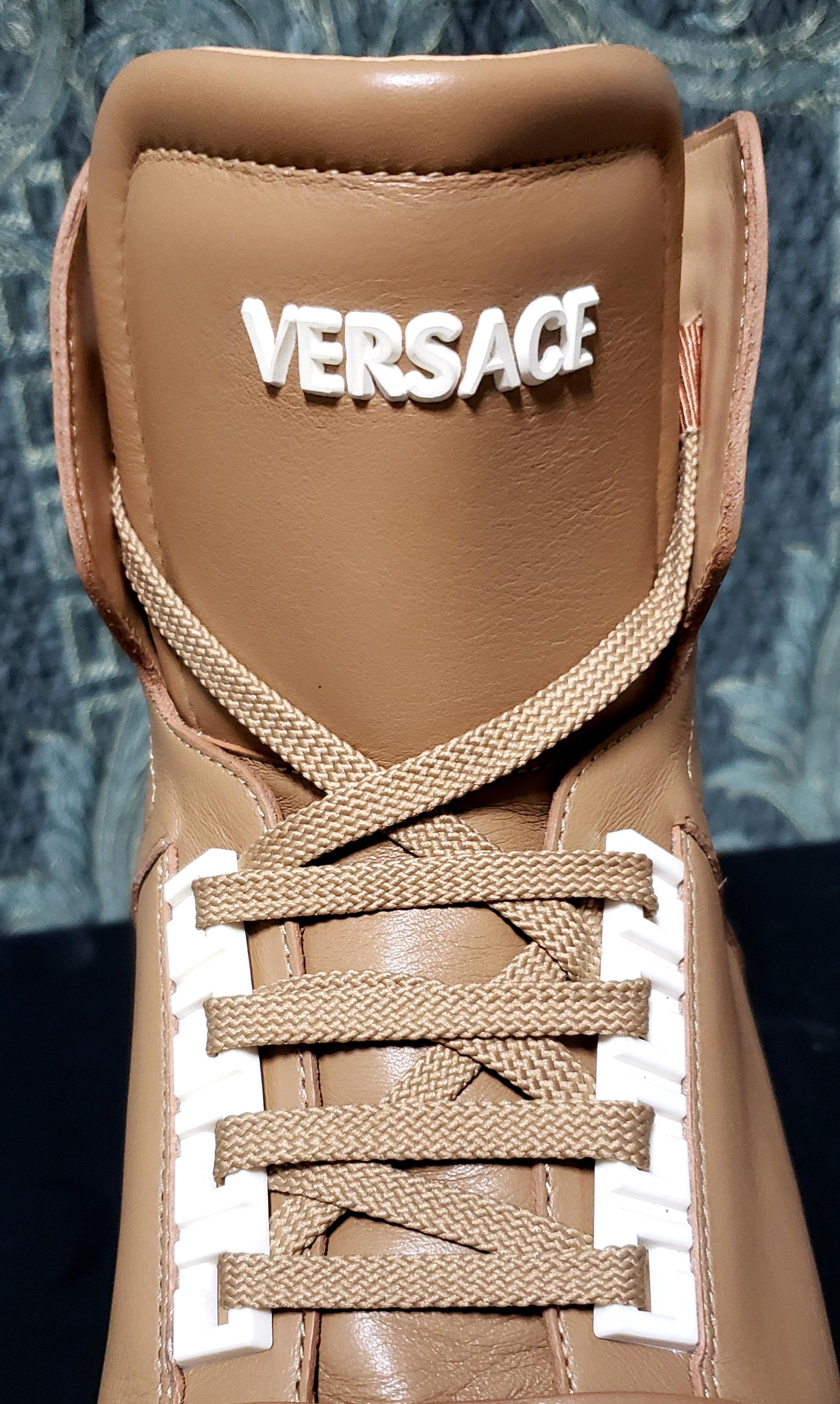 New VERSACE HIGH -TOP MOCHA LEATHER LACE UP SNEAKERS 44 - 11 5
