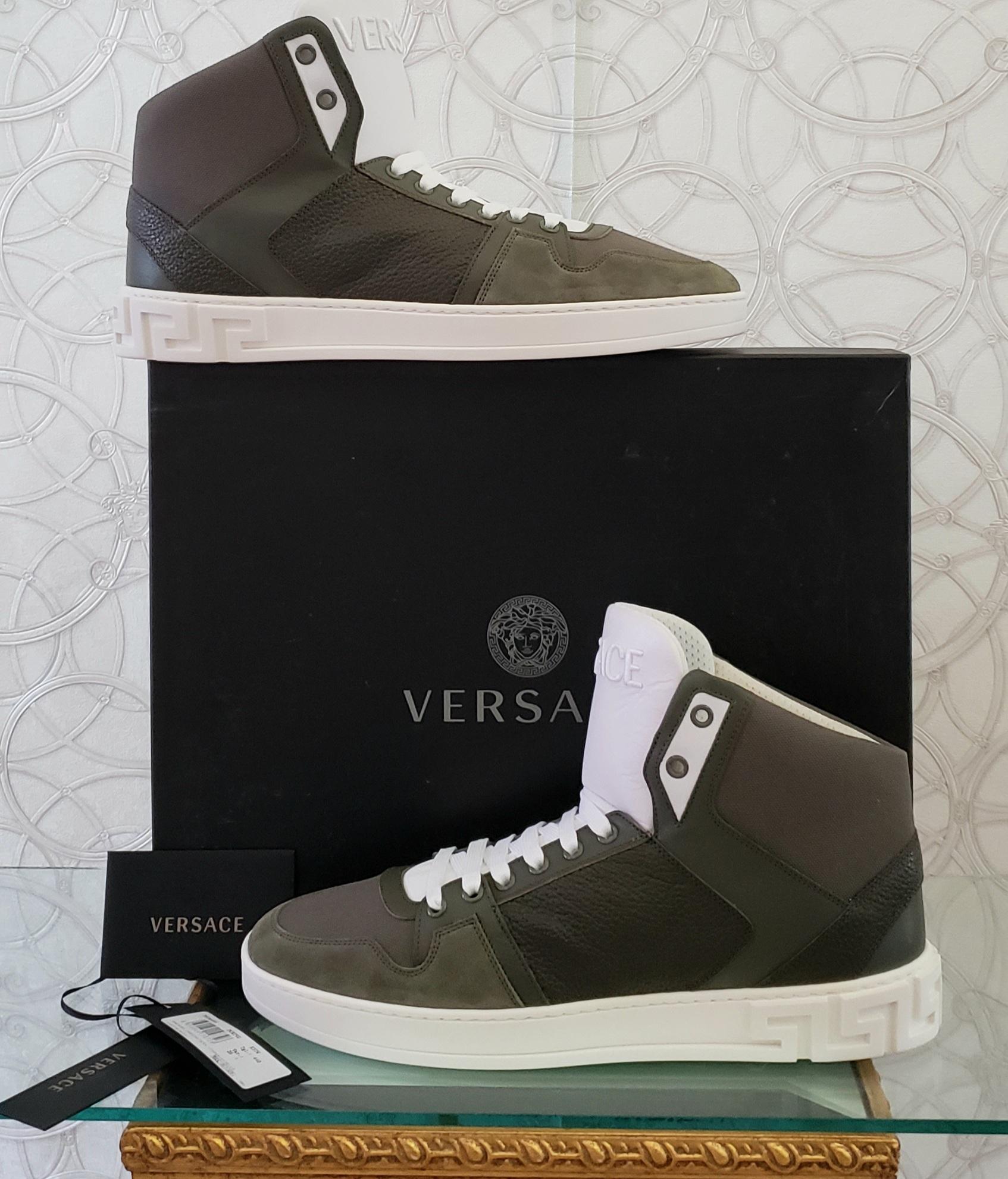 NEW VERSACE HIGH TOP SUEDE LEATHER SNEAKERS w/ WHITE GREEK KEY SOLE 44 - 11  at 1stDibs