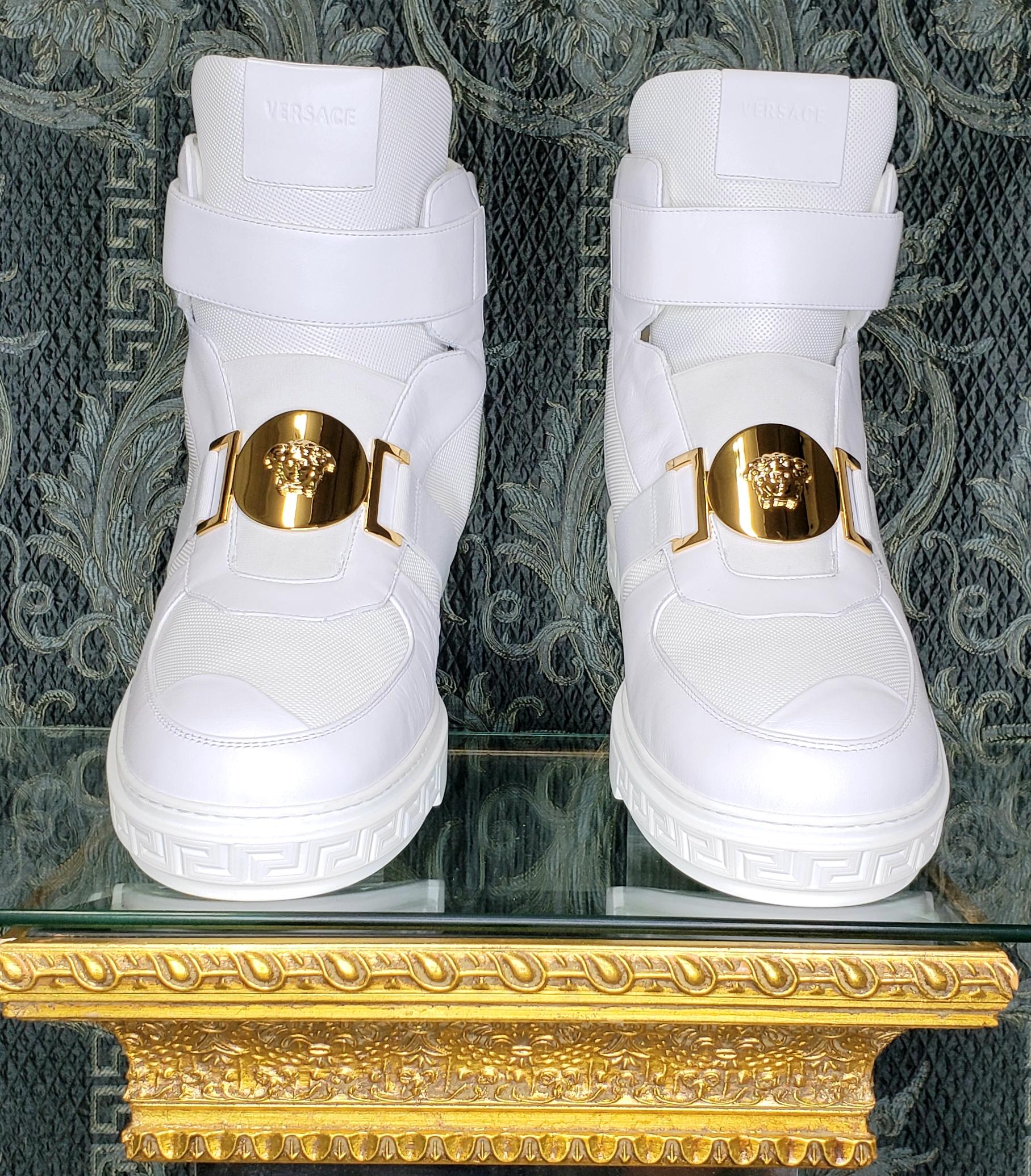 Gray New VERSACE HIGH -TOP WHITE LEATHER SNEAKERS GOLD MEDUSA 46 - 13