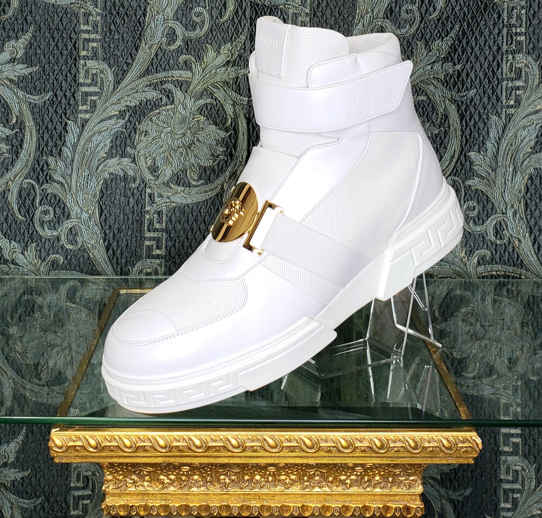 New VERSACE HIGH -TOP WHITE LEATHER SNEAKERS GOLD MEDUSA 46 - 13 In New Condition In Montgomery, TX