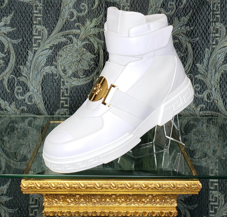 New VERSACE HIGH -TOP WHITE LEATHER SNEAKERS GOLD MEDUSA 46 - 13 at ...