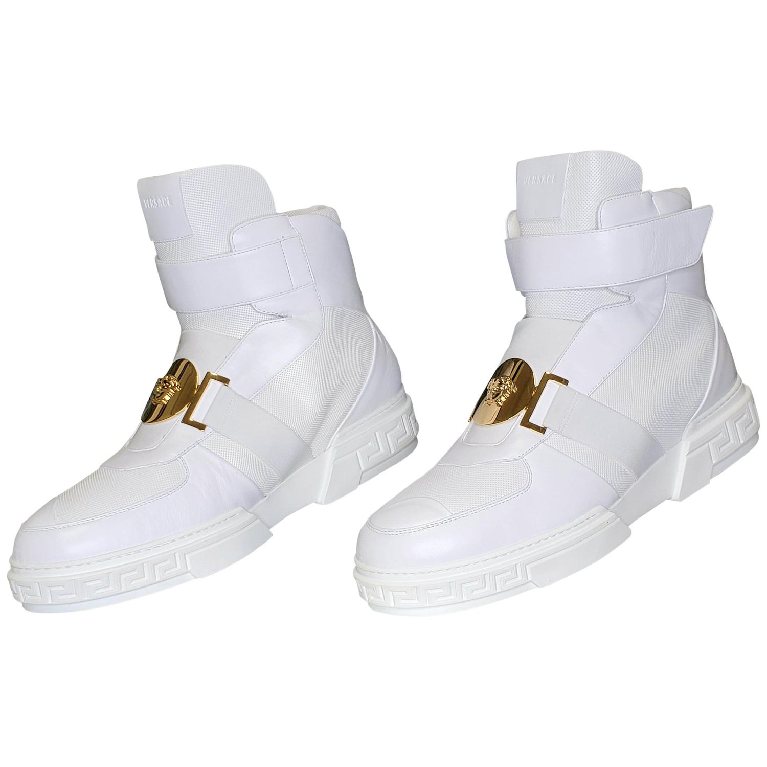 New VERSACE HIGH -TOP WHITE LEATHER SNEAKERS GOLD MEDUSA 46 - 13 at 1stDibs  | versace high top sneakers, medusa head 13 shoes, versace high top sneakers  white