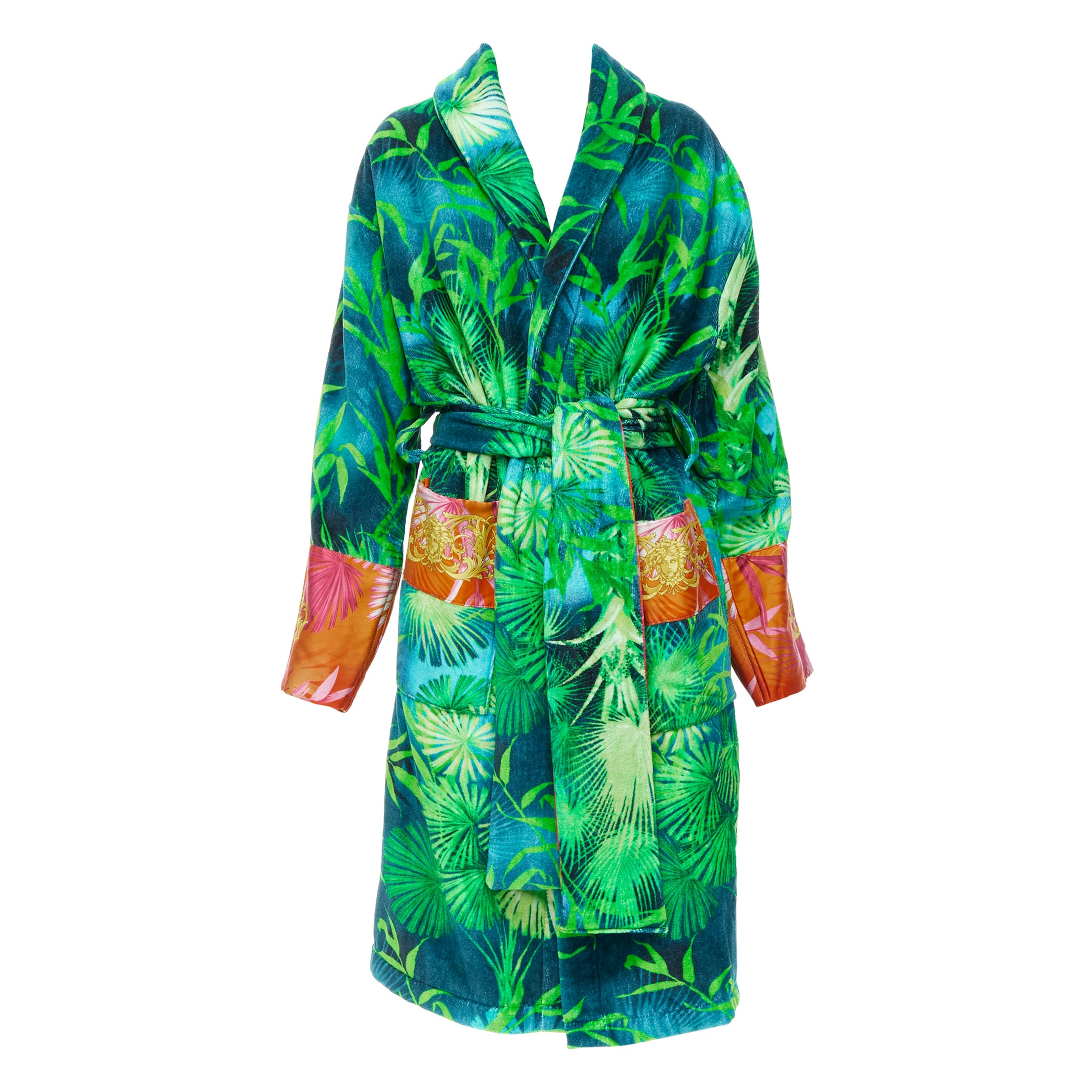 new VERSACE HOME Iconic green Jungle print pink Medusa Barocco trim robe M